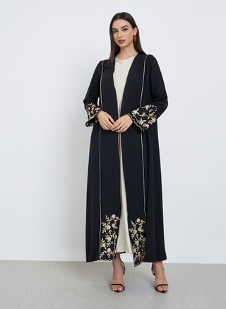 Take Two Female Take Two Black Floral Embroidered Front Open Abaya, Kaftans