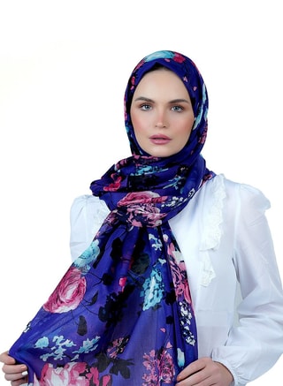 AMICA  Dark Floral Hijab Soft Natural Fiber Long Head Scarf for Women-Blue, Clothing Accessories