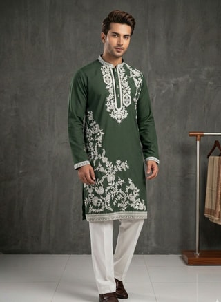 Lehar Male Green Floral Embroidered Kurta, Indian Sets