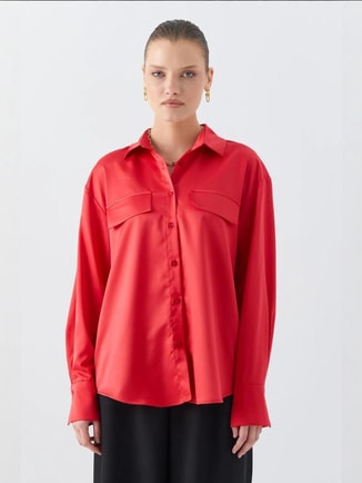 MixRay Female Satin Button-Up Shirt with Pocket Detail, Shirts