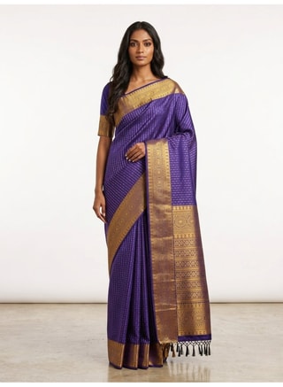 Nool Female Indra Blue Kanchipuram Silk Saree with Unstitched Blouse, Sarees