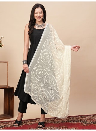 globus Female Globus Women Off-White Embroidered Fringed Lace Dupatta, Dupattas