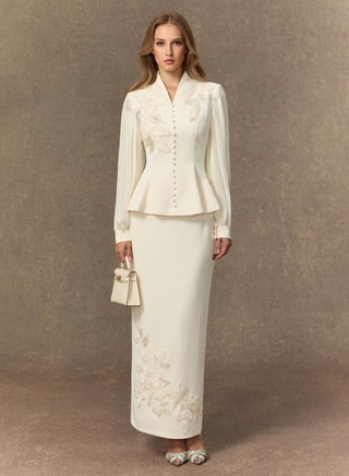 Sunfere Female Dressed To Dazzle White Floral Embroidery Pleated Sleeve Skirt Set, Skirts & Top Sets