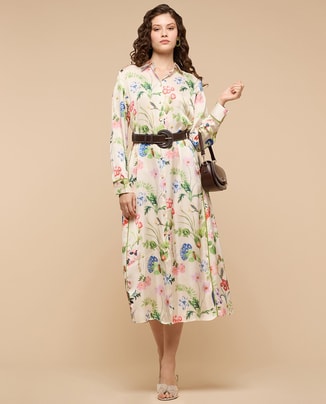 R&B Female Floral Print Shirt Dress with Long Sleeves, Midi