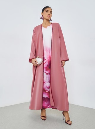 Amirah Female Red Front Open Abaya with Lace Trim, Abayas