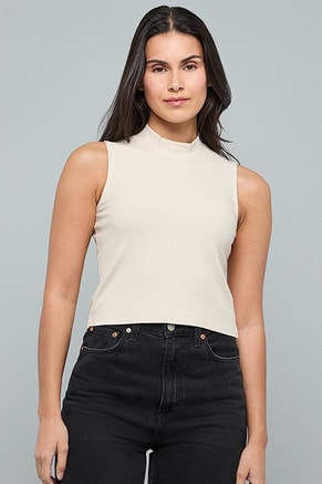 R&B Female Ribbed Sleeveless Top with High Neck, Tops