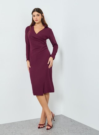 Styli Female Women Burgundy Ribbed Bodycon Midi Dress, Midi