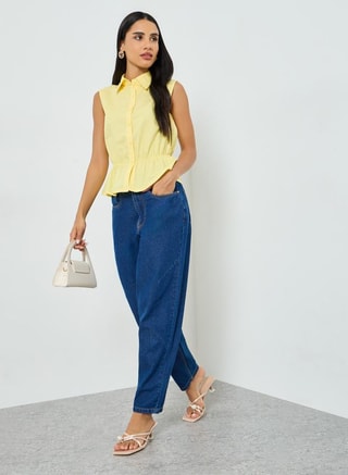 Styli Female Yellow Sleeveless Peplum Cotton Shirt, Shirts