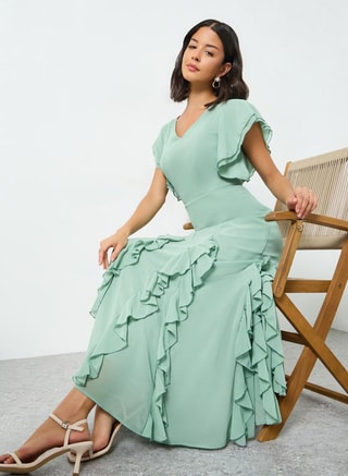 Styli Female Green Ruffled Maxi Dress, Maxi