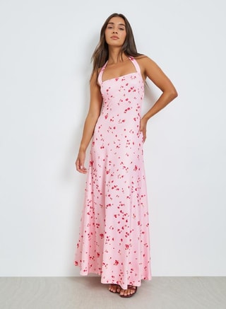 Styli Female Pink Floral Halter Neck Maxi Dress, Maxi