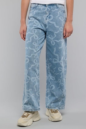 R&B Female Bow Print Straight Jeans with Button Closure, Straight