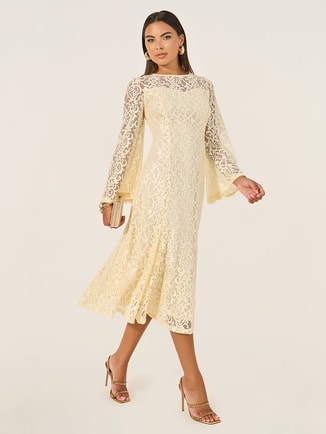 Solid Lace Bell Sleeves A-Line Midi Dress