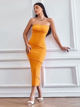 Orange Strapless Bodycon Midi Dress