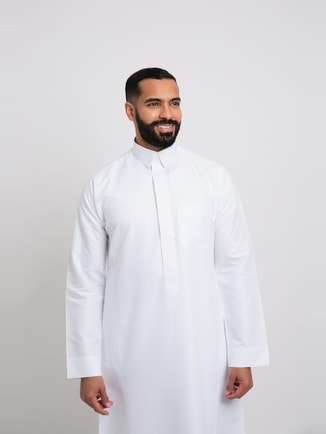 Men Classic Zippered Qalab Thobe, White - 59inches