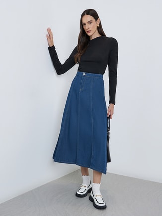 Dark Blue A-Line Midi Denim Skirt