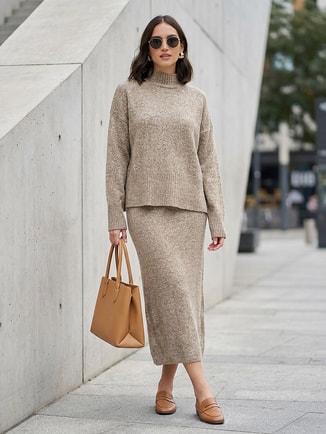 Relaxed Fit Knitted Sweater and Midi Skirt Co-Ords