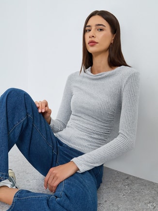 Grey Draped Neck Ribbed Top