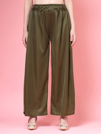 Women Olive Solid High Rise Wide Leg Pants