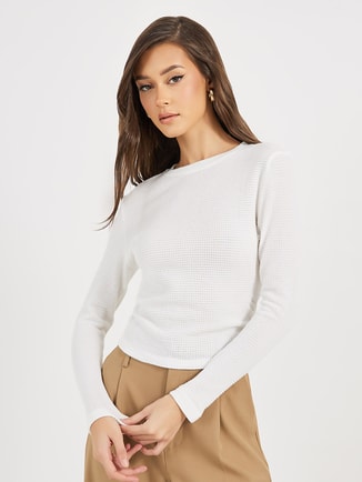 Texture Waffle Knit Top with Gathered Detail