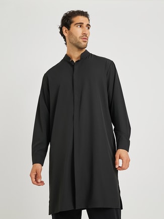 Men Black Solid Stand Collar Long Sleeve Kurta