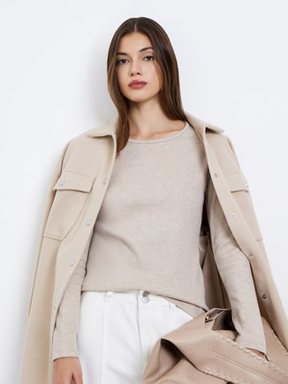Cream Flat Knit Top with Long Sleeves