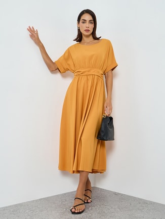 Women Yellow Round Neck Fitted Waist Maxi Dress