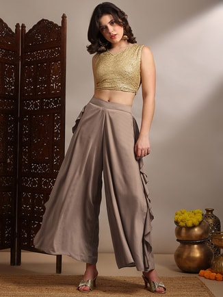 Women Ruffle Detail Wide Leg Festive Palazzo