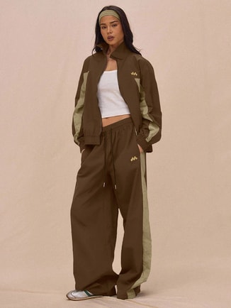 Brown Wide Leg Track Pants with Drawstring