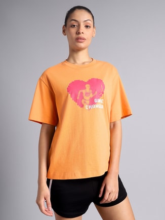 Women Orange Graphic Relaxed Fit T-Shirt