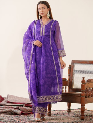 Women Floral Embroidered Organza Kurta with Trousers and Dupatta Set
