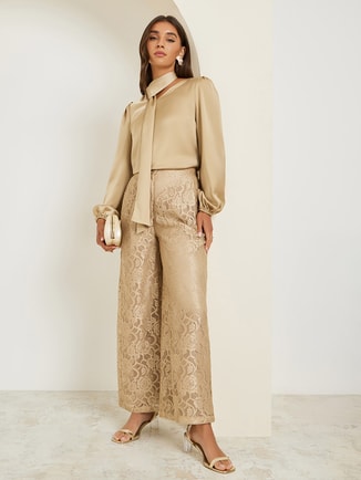 Women Beige Lace Wide Leg Trousers