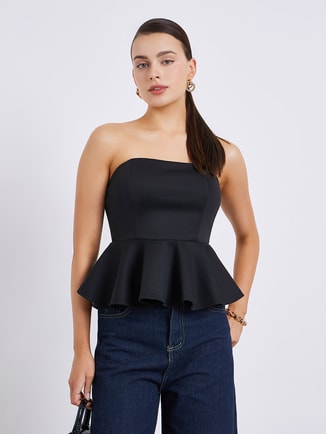 Women Black Strapless Peplum Top