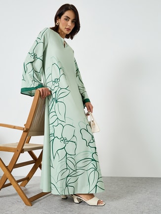 Green Floral Print A-Line Jalabiya
