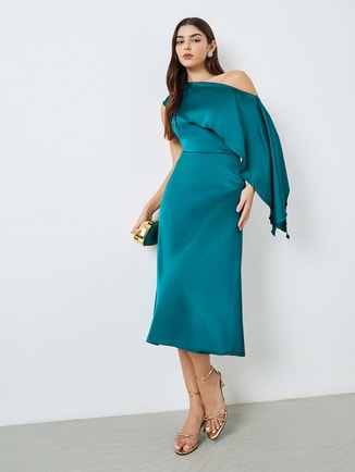 Blue One Shoulder Neck Midi Dress