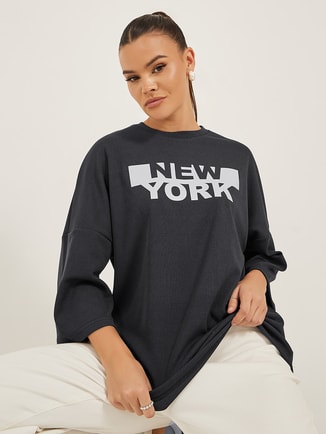 New York Slogan Print Dropped Shoulders Oversized T-Shirt