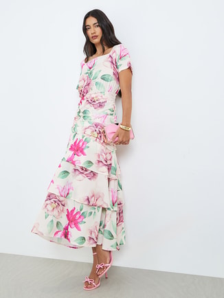 Floral Short Sleeves Tiered Maxi Dress