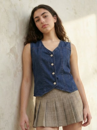 Cotton Denim Sleeveless Waistcoat with V Neck