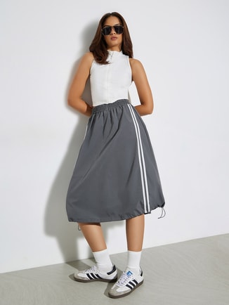 Grey Side Striped Midi Skirt with Toggle String