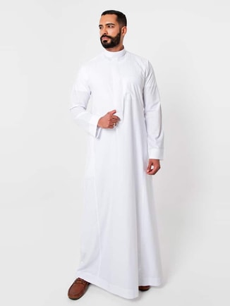 Men Classic Zippered Thobe, White - 60inches