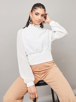 High Neck Pleat Waistband Detail Blouse
