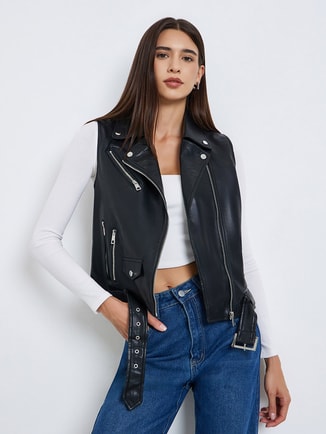 Black Cropped Biker Vest Jacket