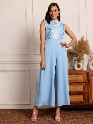 Embellished Key-Hole Neck Sleeveless Ruffle Detail Jumpsuit
