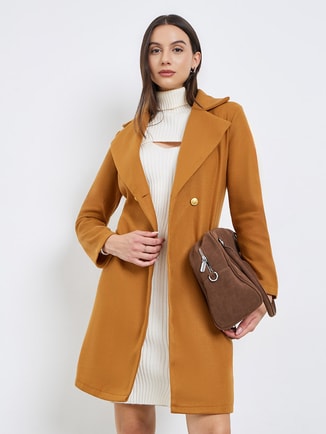 Solid Lapel Metal Buckle Detail Mid Length Coat