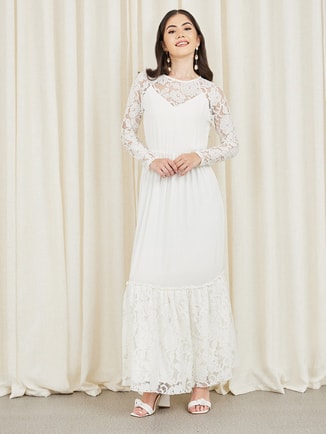 Lace Sheer Detail A-Line Tiered Maxi Dress
