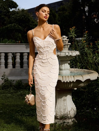Women Textured Faux Pearl Cut Out Detail Midi Dress