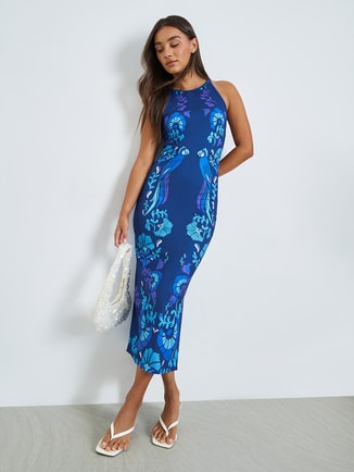 Blue Print Halter Neck Bodycon Midi Dress