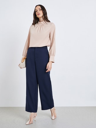 Navy Blue Solid Wide Leg Trousers