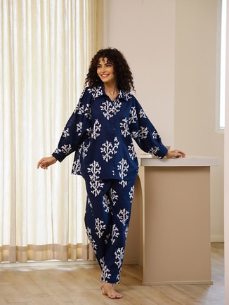 Navy Blue Relaxed Printed Collar Shirt and Pyjama Set