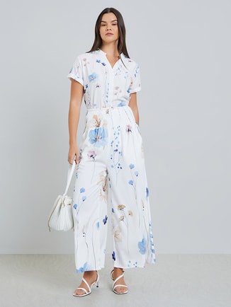 White Floral Print Wide Leg Trousers
