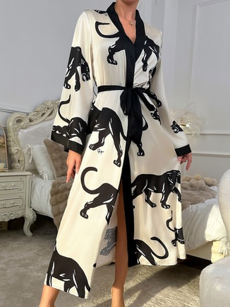 Cat Print Long Sleeve Satin Robe